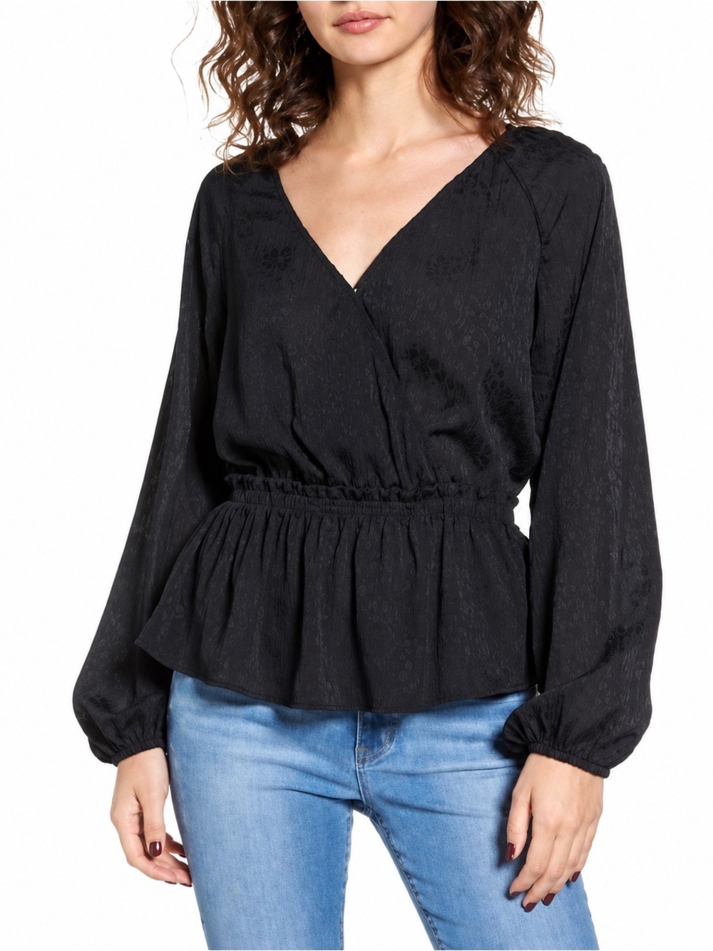 Leith Black Textured Wrap Front Peplum Blouse Size M